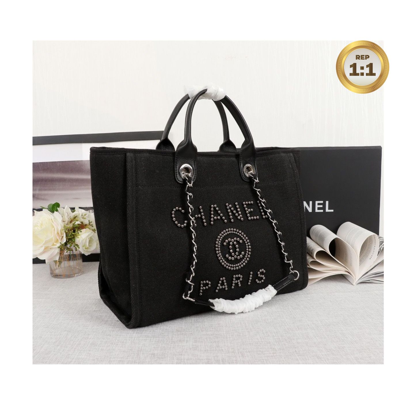 [REP 1:1] Chanel Large Deauville Pearl Tote Bag Black For Women 15in/38cm